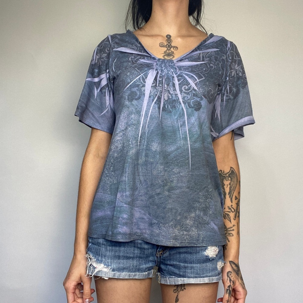 One World Live and Let Live Y2K Blue Bow Graphic Purple Blue Whimsigoth Top S